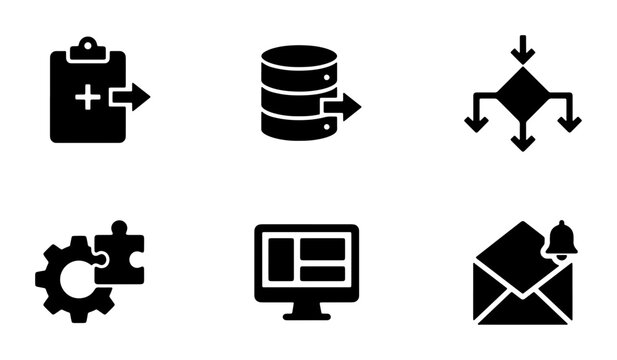 Business Process Icons Set, Workflow & Data Management Symbols, Technology & Communication Icons, Vector Graphics for Digital Applications