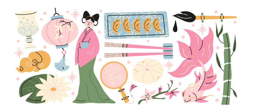 Japanese culture illustration with kimono girl, koi fish, lantern fan chopsticks, bamboo and traditional objects, asian lifestyle elements and cultural symbols in doodle composition