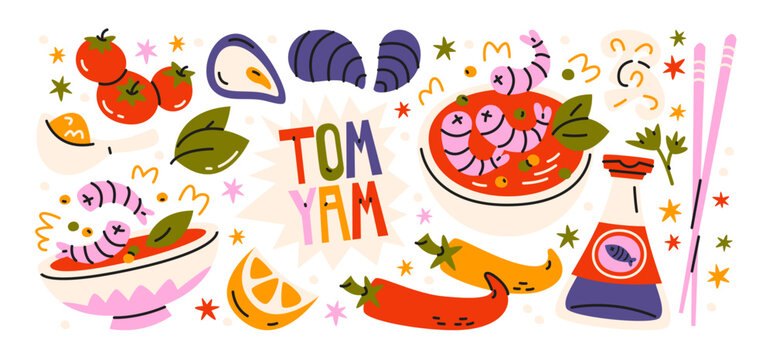 Tom yum soup sticker shapes with shrimp chili and asian ingredients, spicy thai food set with seafood and herbs, hot soup composition with traditional cuisine elements and cooking details