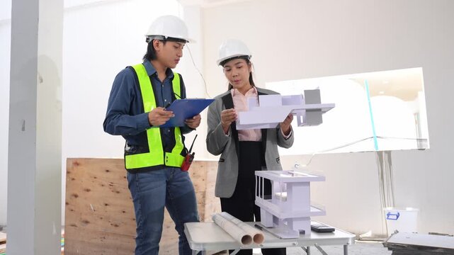 Asian engineer and female architect reviewing architectural plans and examining a building model at a renovation or construction site