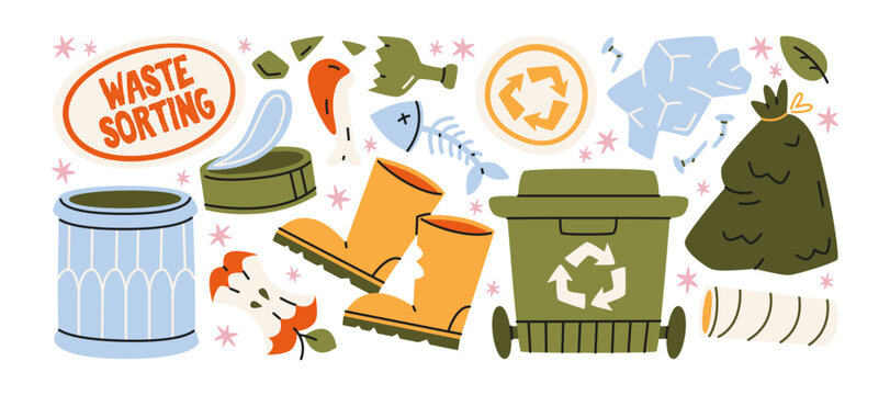 Waste sorting sticker shapes with recycling bin trash bags plastic bottle and garbage items, eco waste management system with recycling symbols and disposal process in urban environment