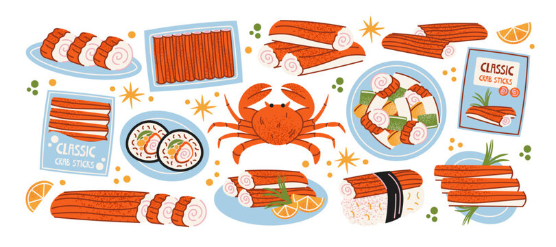 Crab sticks sushi food sticker shapes with seafood rolls and surimi, japanese cuisine set with plates and slices, fresh meal composition with seafood ingredients and restaurant style menu elements
