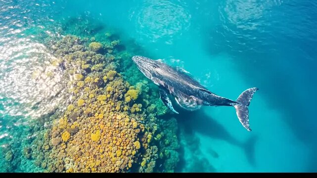 Whale swimming near coral reef underwater.