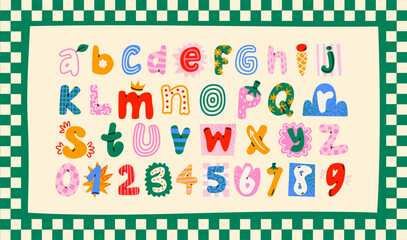 Cute font alphabet font in retro cartoon style. Playful magazine collage lettering with uneven shapes,  handmade look, childish and doodle typeface for posters, kids projects © Limpreom