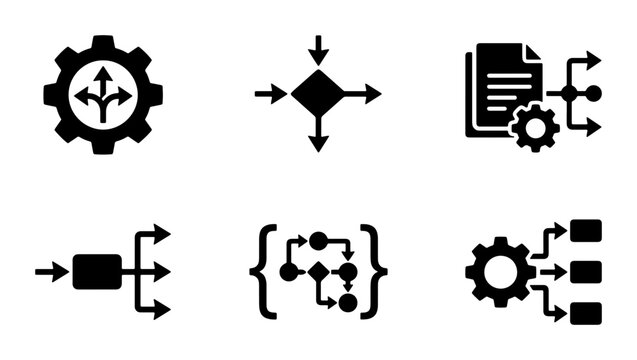 Process Flow Icons Set: Workflow, Algorithm, System Logic, Data Management, Decision Tree, Automation Icons