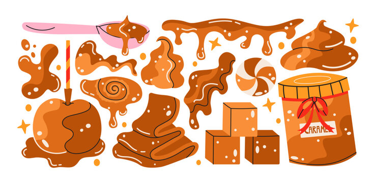 Caramel sugar dessert stickers with melted candy and sweet syrup textures, sticky salt caramel drips cubes and sauce shapes, cooked sugar confectionery and sweet topping forms for dessert making