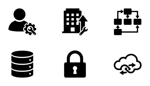 Business Process Icons: Workflow, Database, Security, Cloud, Management, System Maintenance Vector Set