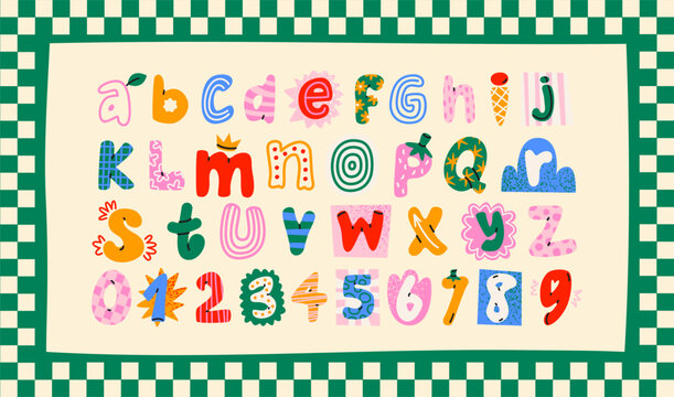 Cute font alphabet font in retro cartoon style. Playful magazine collage lettering with uneven shapes,  handmade look, childish and doodle typeface for posters, kids projects