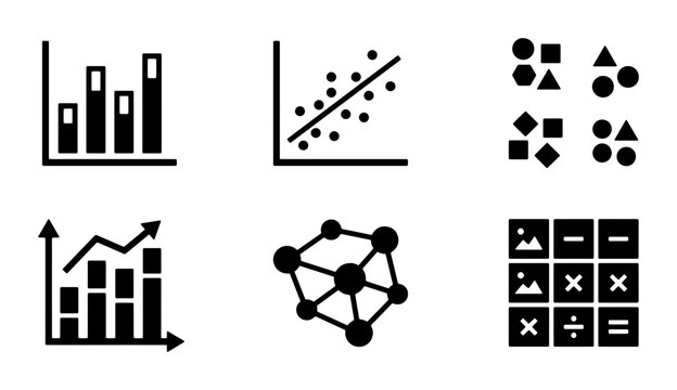 Data Visualization Icons Set: Bar Charts, Scatter Plot, Network Graph, Math Grid, Analytics Symbols, Business Statistics
