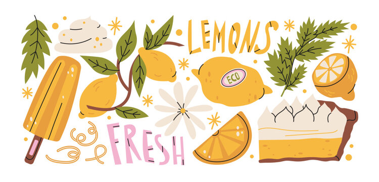 Fresh lemon dessert compositions in retro cartoon style. citrus fruits: lemon, slice, zest, leaves, popsicle, pie, cream dessert, citrus sweets arrangement, summer food illustration with bright juicy 