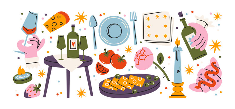 Restaurant food stickers in retro cartoon style. dishes: cheese, tomatoes, snacks, wine bottle, glass, plate, candle, table serving, dining elements, cozy dinner atmosphere with food and drinks