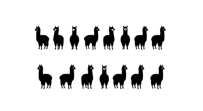Llama silhouette icon set with black animal figures, standing poses, cute minimal flat design for branding and decor