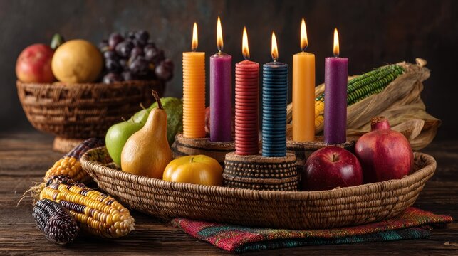 Six lit, colorful, textured pillar candles adorn a harvest display with assorted fruits and decorative corn