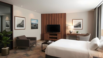 Fototapeta premium Modern hotel bedroom with city view artwork and minimalist furniture