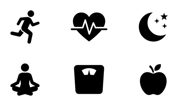 Healthy Lifestyle Icons Set: Running, Heartbeat, Sleep, Meditation, Weight Scale, Apple, Wellness, Fitness, Health, Nutrition, Vector Graphics