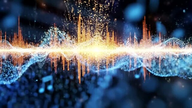 Vibrant sound wave with glowing particles.