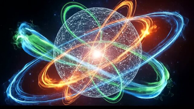 Vibrant colorful atomic structure with glowing electrons.