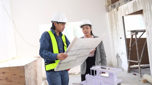 Asian engineer holding paper work and female architect reviewing architectural plans and examining a building model at a renovation or construction site