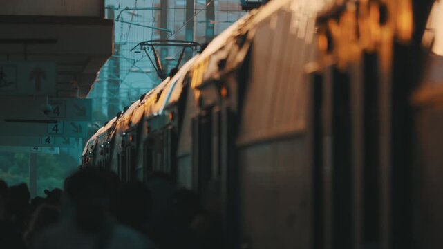 People wait at the train station as the train arrives in the afternoon light near the city center