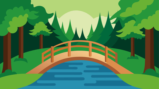 Colorful rainbow bridge over green jungle with waterfall