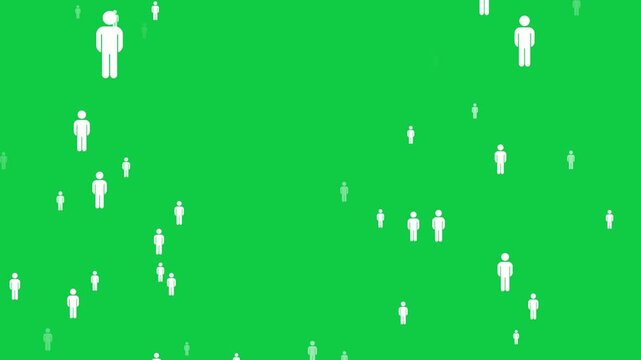 people white icons floating isolated green screen animation, chroma key crowd and population and comunity, technology and ai stream overlay motion design element