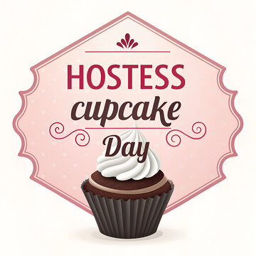 Elegant pink vintage emblem design for special hostess cupcake day event art.