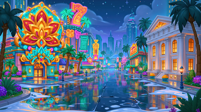 Stylized casino city background art, game environment concept art, vibrant dark blue night sky, 