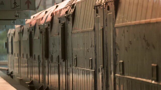 Train arrival at the station during early morning hours with sunlight reflecting on the surface