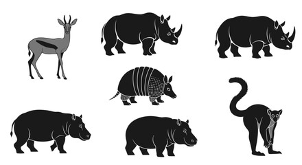 African Wildlife Silhouette Collection: Rhino, Hippo, Gazelle, Armadillo, Monkey © edur