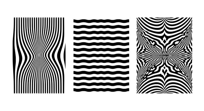 Patterns optical illusion set with black and white lines creating visual effects featuring abstract, design, artistic with geometric and curves