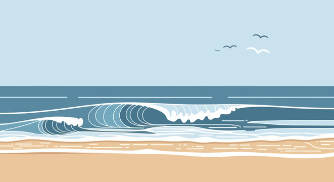 Ocean waves crashing on a sandy beach under a clear sky.