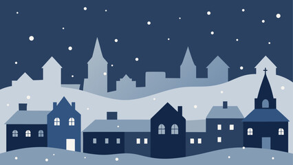 Naklejka premium Winter village with snow covered houses and church under starry night sky