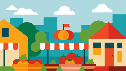Naklejka premium Colorful cartoon houses in a small village with pumpkins