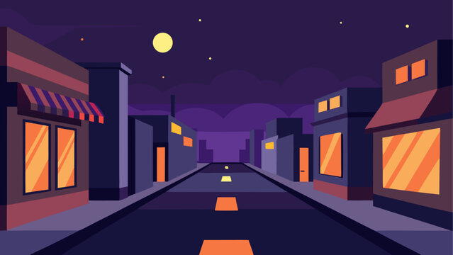 Empty small town street at night with full moon and orange lights