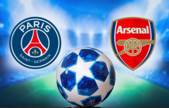 UEFA Champions League Final 2026: Paris Saint-Germain vs Arsenal FC &ndash; Official match ball in the foreground with finalists&rsquo; crests displayed on a giant screen in the background in Budapest