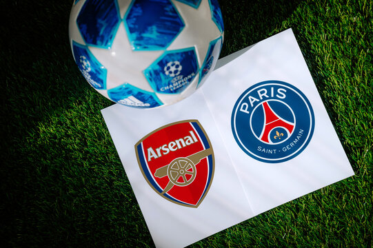 Champions League 2026 Final: Arsenal vs Paris Saint-Germain &ndash; Official match ball on pristine green field with finalists&rsquo; logos in Budapest backdrop
