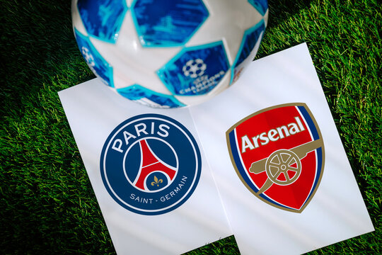 UEFA Champions League Final 2026: PSG vs Arsenal &ndash; Official ball positioned on the pitch alongside both teams&rsquo; crests ahead of Budapest final
