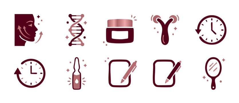 Skincare Beauty Icons Set Rose Gold Outline for Cosmetic Spa and Anti-Aging Treatment Procedures with Facial Lift, DNA Helix, Moisturizing Cream, Ampoule Serum, and Clock Symbols on White Background