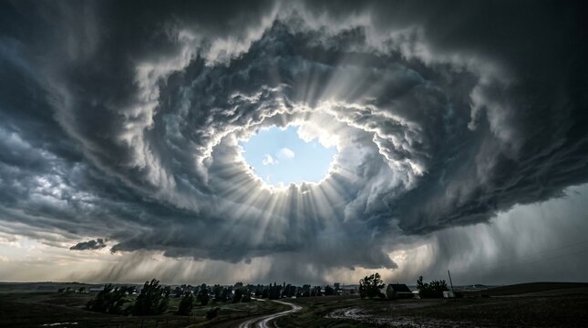 Dramatic stormy sky with sun rays breaking through clouds over rural landscape