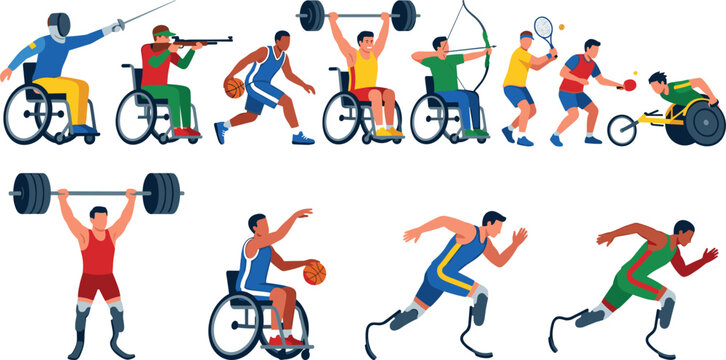 Hand-Drawn Illustrations of Disabled Athletes in Various Paralympic Sports Including Wheelchair Basketball, Weightlifting, and Track Events