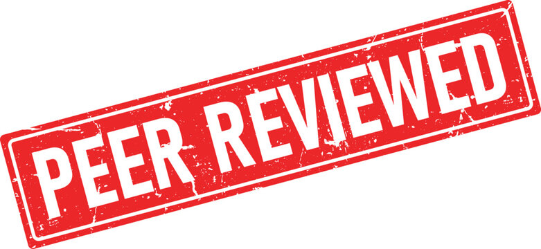 Red distressed rectangular rubber stamp impression conveys PEER REVIEWED in clean white letters