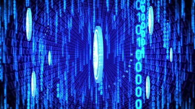 Rotating Cryptocurrency Bitcoins and Matrix Binary Code in Background