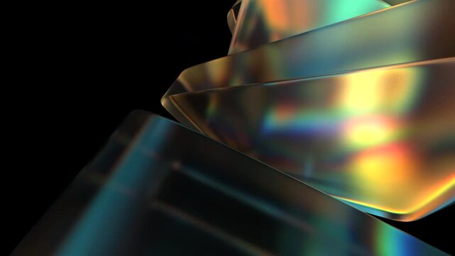 Rotating colorful glass shapes on a black background, abstract geometric animation, 4k looping video, 3d render
