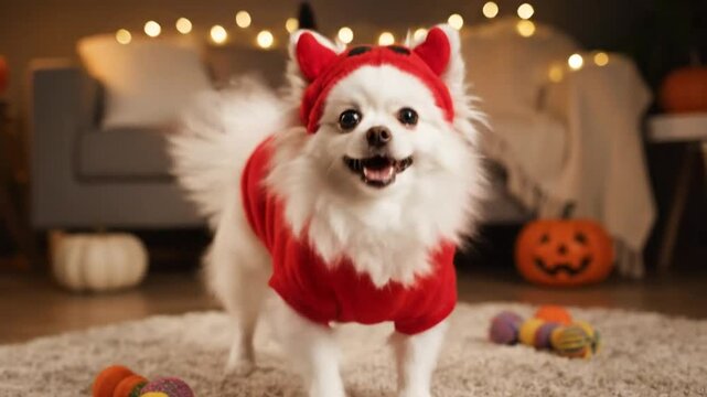 Adorable white Pomeranian dog dressed in a devil Halloween costume barks and smiles in a cozy living room.