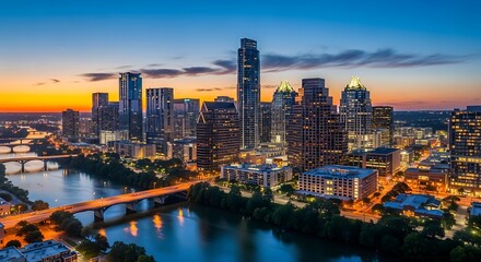Fototapeta premium Illuminated city skyline at dusk, with a river reflecting lights, bridges, and urban sprawl