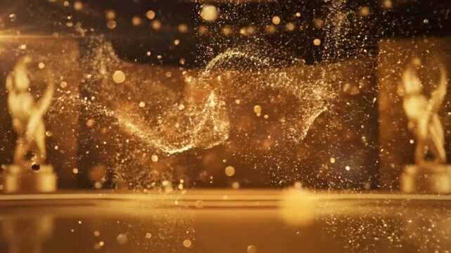 Luxurious Golden Awards Show Stage with Sparkling Particle Effects and Trophy Presentation Backdrop