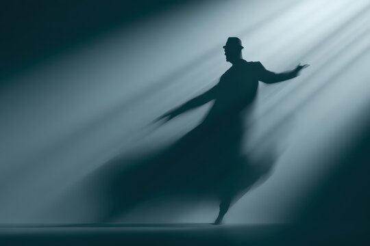 A silhouette of a person whose shadow is doing a completely different dynamic dance pose, surreal identity concept, hard lighting