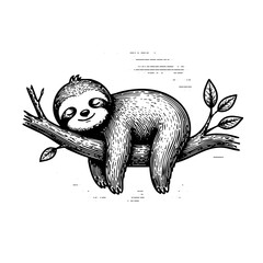 Fototapeta premium Cute Sloth Sleeping on Tree Branch Engraved Vector Illustration