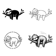 Fototapeta premium Sleeping Sloth on Tree Branch Black and White Vector Illustration Collection