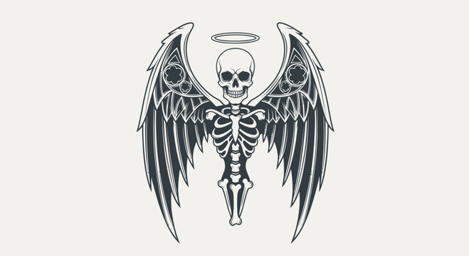 Skeleton Angel with Wings and Halo, Gothic Illustration